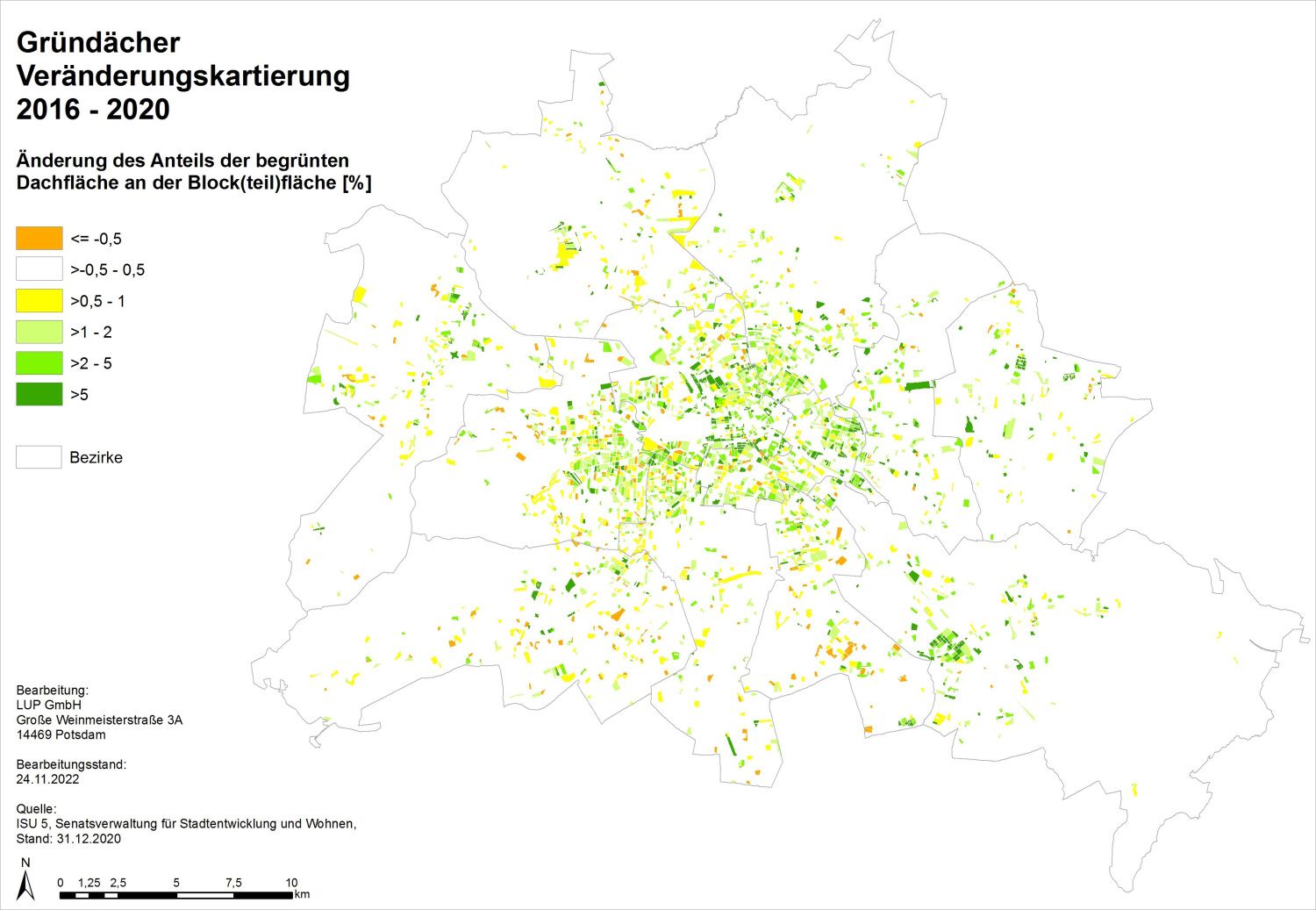 Abb. 7: Veränderungskartierung 2016-2020 in Bezug auf den Anteil der begrünten Dachfläche an der Block(teil)fläche [%] (Bild: Umweltatlas Berlin)