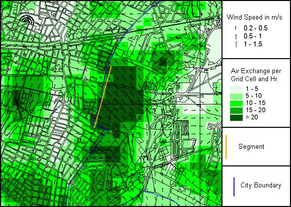 Air exchange per grid cell and autochthonous current field in the Mahlsdorf area during a low-exchange cloudless summer night