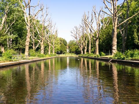 Spiegelbecken mit Platanenallee und Märchenbrunnen im von der Schulenburg Park in Neukölln