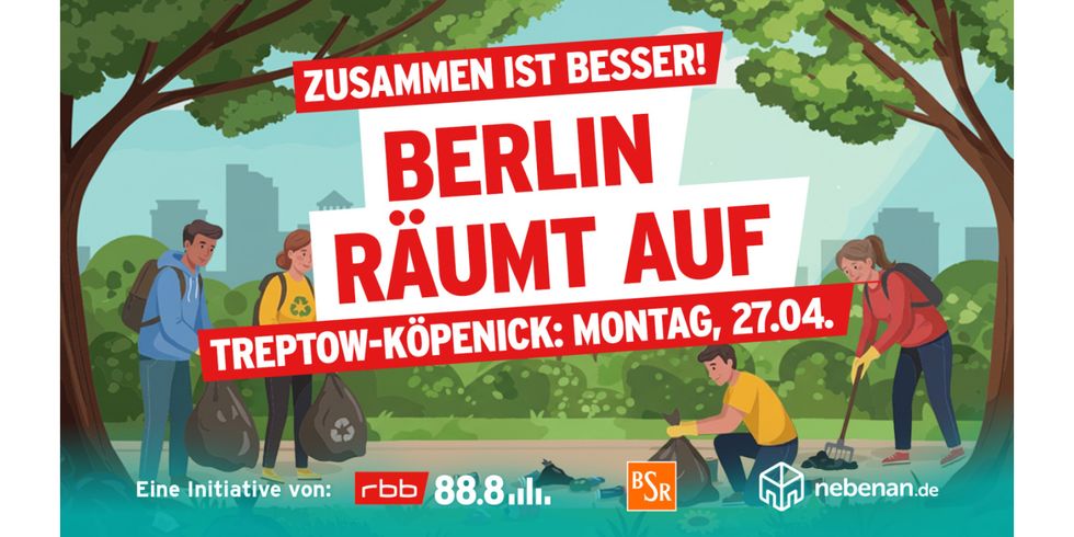 Grafische Darstellung aufräumender Menschen im Park - weist auf die Aktion "Berlin räumt auf" in Treptow-Köpenick hin.