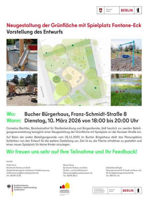 Einladungsplakat für die Beteiligung zum Fontane-Eck am 10. März 2026 im Bucher Bürgerhaus