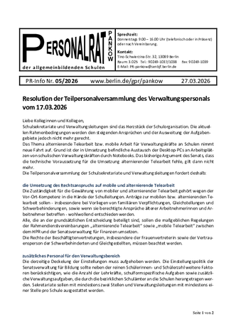 05/2026: Resolution der Teilpersonalversammlung des Verwaltungspersonals vom 17.03.2026