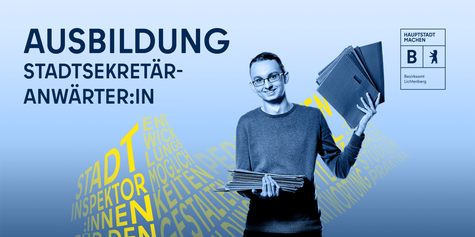Junger Mann mit Pendelmappen, Illustration, Schriftzug Ausbildung Stadtsekretäranwärter:in