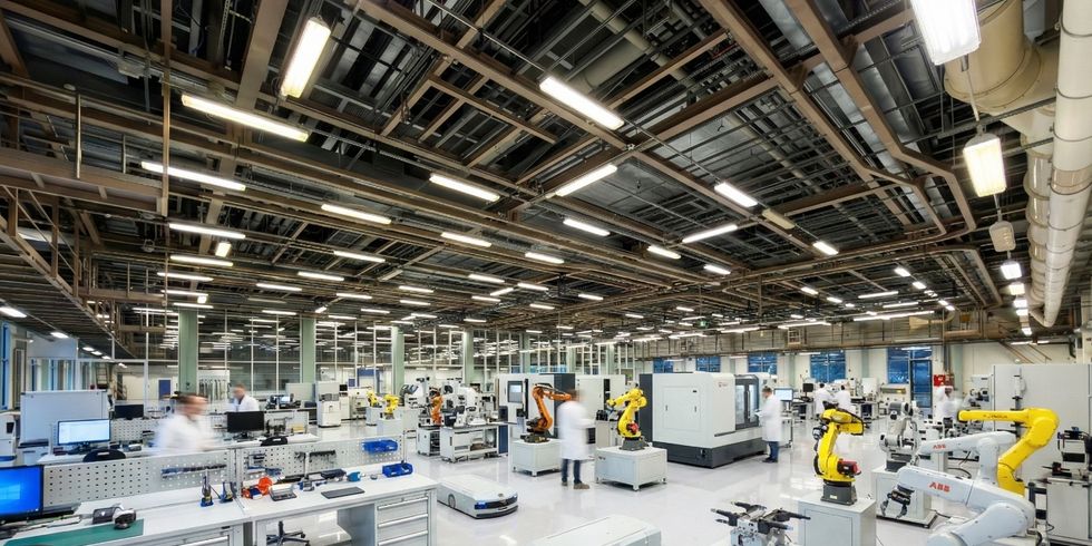 Halle mit arbeitenden und fahrenden Robotern und Menschen