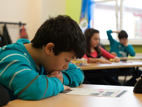 Schüler liest im Schulbuch