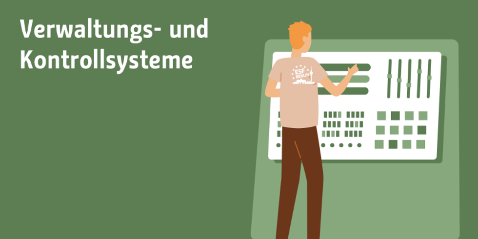 Illustrierte Figur vor einem Kontrollsystem