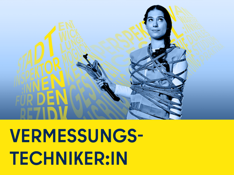 Junge Frau eingewickelt in ein Maßband, Illustration, Schriftzug Vermessungstechniker:in
