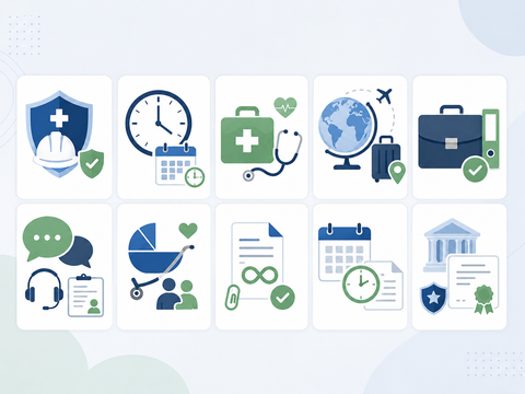 Symbole zu den Beispielthemen Arbeitsschutz, Arbeitszeit, Arztbesuch, Auslandschuldienst, Berufserfahrung, Beschwerdemanagement, Elternzeit, Entfristung, Kündigungsfrist und Verbeamtung