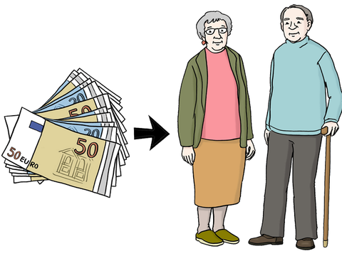 Illustration von Geldscheinen mit einem Pfeil, der auf ein Rentnerehepaar zeigt