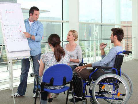Besprechung unter 4 MItarbeitern, zwei sitzen auf einem Stuhl, einer im Rollstuhl und der vierte steht an einem Flipchart und erklärt ein Diagramm