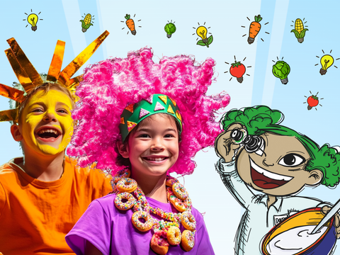 Eine Comicfigur mit grünen Haaren lacht zusammen mit zwei Kindern in bunten Kostümen