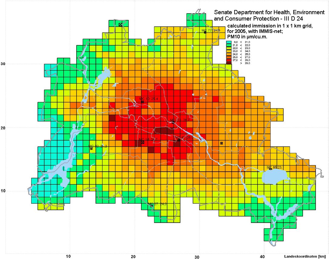 Fig. 12: PM10 pollution (annual mean) in the Berlin municipal background, calculated with IMMISnet and measured by BLUME measurement stations for the base year 2005 (Image: SenGesUmV undated)