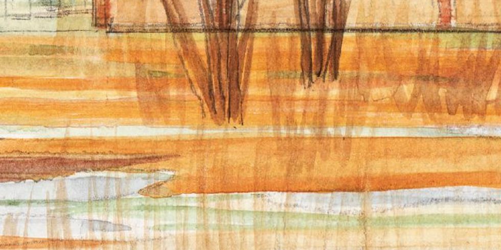 Buchcover "Die Pampa lebt - Hellersdorf als Großwohnsiedlung gestern, heute und morgen" mit einer Aquarellzeichung eines Plattenbaus mit Landschaft