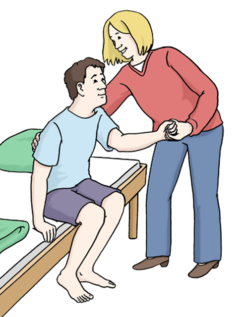 Illustration einer Frau, die einem Mann aus dem Bett hilft