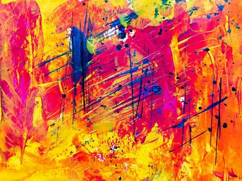 modernes Gemälde mit Farben in gelb, orange und ein bisschen blau und grü