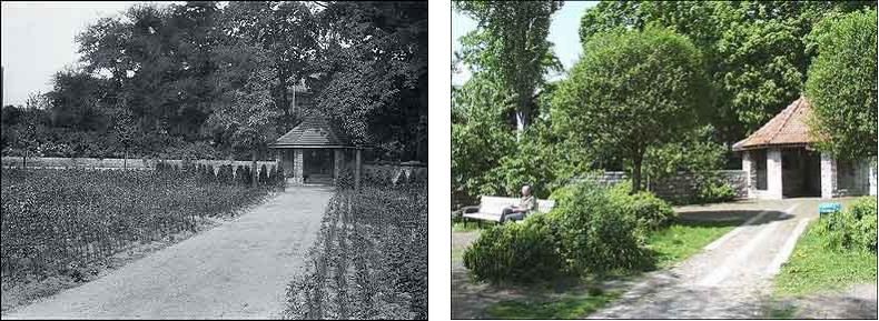 Fotovergleich historisch und heute - Weg auf dem Spielplatz zum Unterstandshäuschen im Schustehruspark