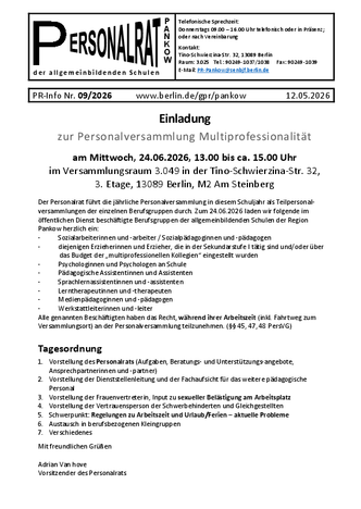 09/2026: Einladung zur Personalversammlung Multiprofessionalität