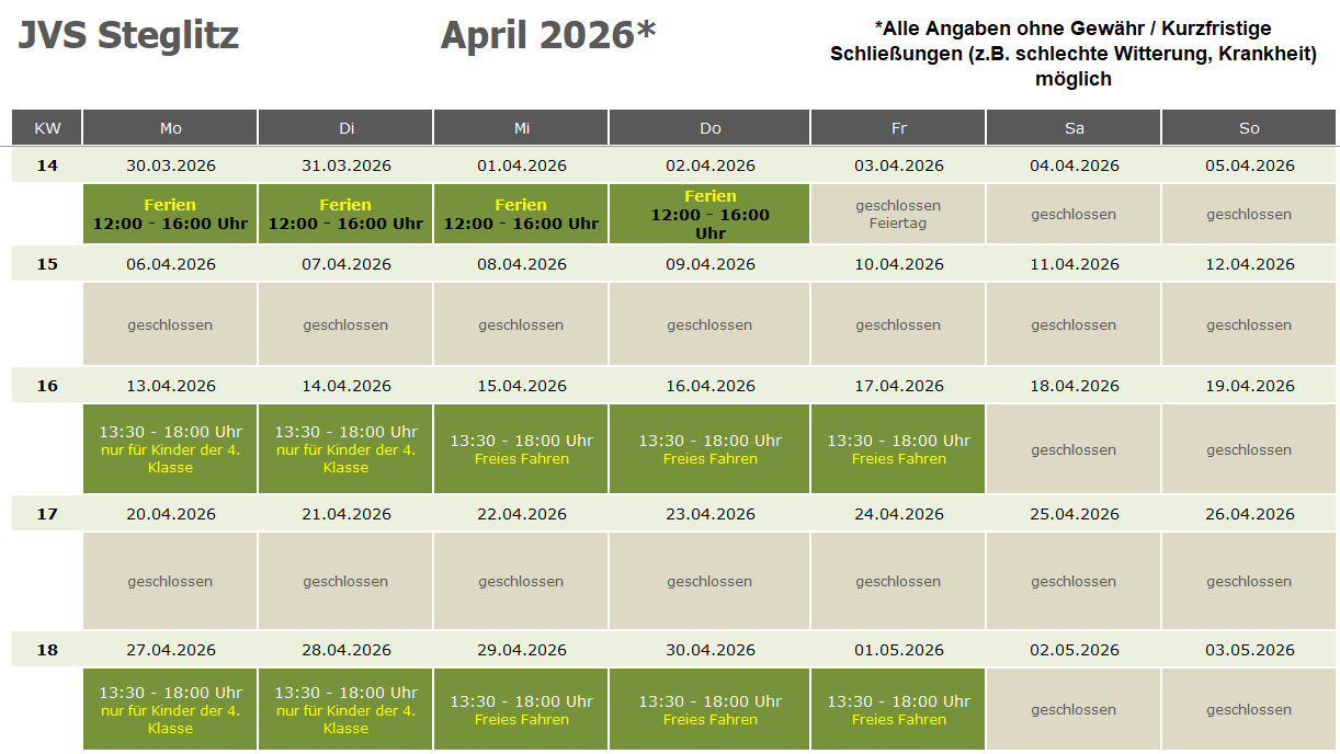 Öffnungszeiten JVS Steglitz 04/2026