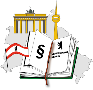 Aufgeschlagenes Gesetzbuch vor einem Umriss des Landes Berlin mit Sehenswürdigkeiten und Berliner Landesflagge