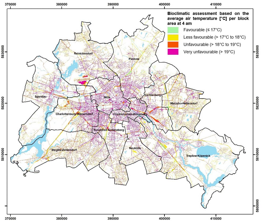 Figure 19: Spatial distribution of assessment classes for bioclimatic conditions in Berlin’s traffic areas (nighttime)
