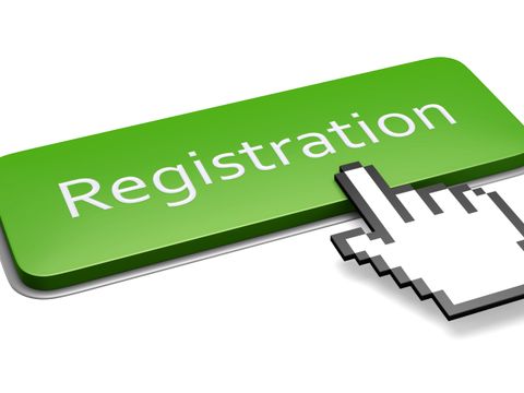 Digitaler Handcursor zeigt auf einen grünen rechteckigen Knopf mit der Aufschrift "Registration"