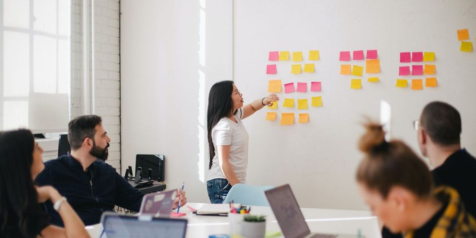 Meeting eines Startups an einem großen Tisch. Eine Person spricht und erklärt den anderen Personen Inhalte an einem Whiteboard.