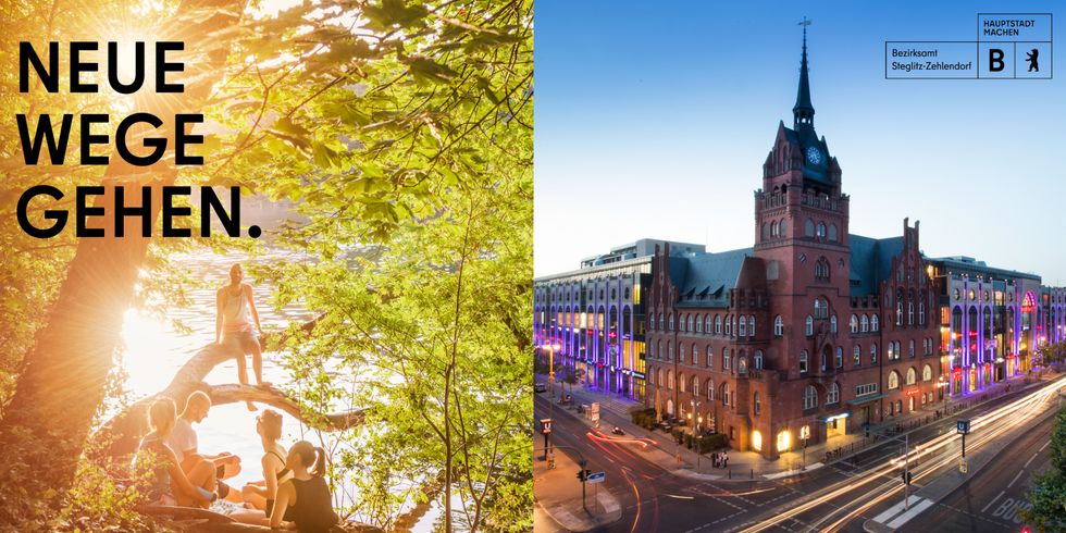 Neue Wege gehen - Karriere in Steglitz-Zehlendorf (Zweiteiliges Bild; links: Eine Gruppe junger Menschen sitzt gemeinsam am Wannsee; rechts: Blick auf das Rathaus Steglitz und die Schloßstraße in der Abenddämmerung