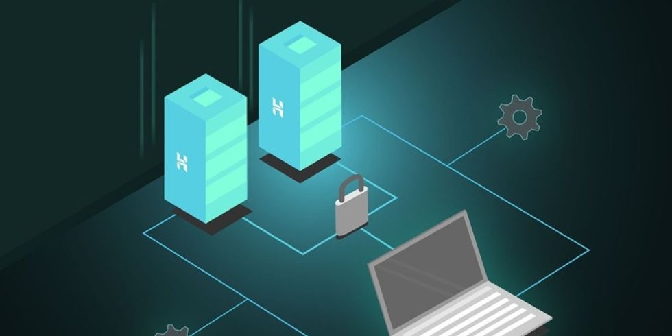 Ein Computer ist über eine Linie mit zwei Säulen und einem Schloss verbunden