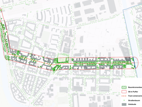 Karte des Untersuchungsgebiets der Baumbewertungs-Analyse entlang der geplanten M10-Verlängerung auf der Mierendorffinsel