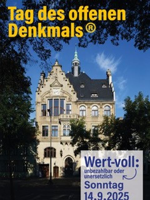 Plakat zeigt Rathaus Friedrichshagen mit Daten zum Tag des offenen Denkmals am 14.09.2025