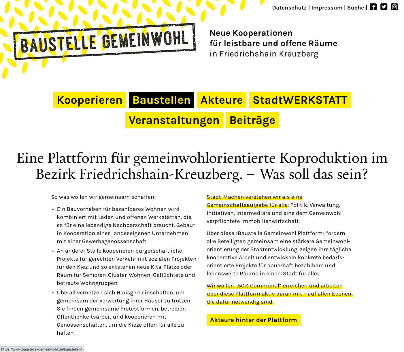 Abbildung der Homepage der Baustelle Gemeinwohl Plattform