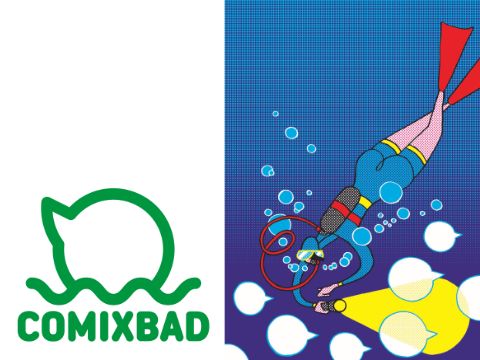 Logo Comixbad und Grafik mit Taucher, der eine Tschenlampe in der Hand hällt
