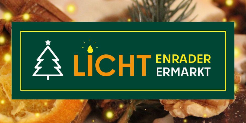 Ein Banner mit dem Titel Lichtenrader Lichtermarkt. Im Hintergrund befinden sich hinter Lichtkugeln getrocknete Orangenscheiben, Walnüsse, Plätzchen und Tannenzweige.