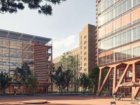 Ansicht des Gewinner-Entwurfs für das Hochhaus und das Atriumgebäude am Eingang in die Siemensstadt Square (Bild: ROBERTNEUN Architekten)