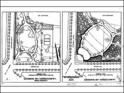 Erwin Barth - Lietzenseepark, Eingang am Kaiserdamm, Bestand und Entwurf, M 1:500, 1920, Tusche/Transp.