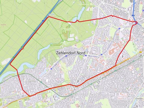 Die Karte bildet die festgelegten Grenzen des Städtebauförderprogramms Sozialer Zusammenhalt und der Quartiersmanagementgebiete in der Bezirksregion Zehlendorf Nord ab.
