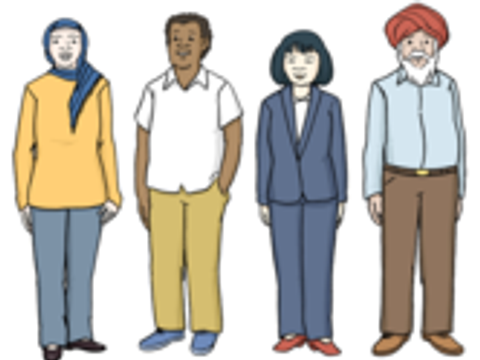 vier verschiedene Menschen; Frauen und Männer mit Turban, Kopftuch und ohne Kopfbedeckung