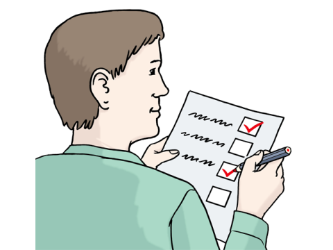 Illustration eines Mannes, der eine Checkliste durchgeht
