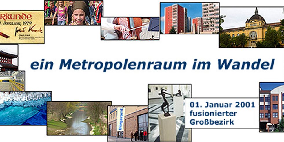 (von links im Uhrzeigersinn) Die Gründungsurkunde vom 5.Januar 1979 - Kinder aus dem Bezirk - Musiker der Musikschule - Rotes Viertel am Cecilienplatz - Vivantes - Stadtwappen der Partnerstadt Lauingen - Gewerbestandort Wolfener Straße - Galerie M - Bürgeramt Biesdorf - Wuhle - Kunst - Sporthalle - Chinesischer Garten in den Gärten der Welt