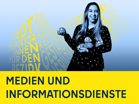 Junge Frau mit Äpfeln, Illustration und Schriftzug Medien und Informationsdienste