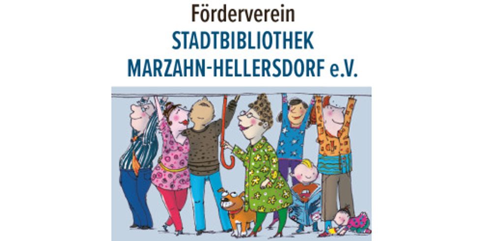 Fördervereinsflyer - Ausschnitt. Mehrere gezeichnete Menschen halten ein Schild hoch mit der Aufschrift Förderverein