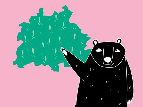 Titelzeichnung Gartenkarte. Gezeichneter Bär steht vor einem grün hinterlegten Plan von Berlin mit vielen markierten Stellen und zeigt darauf