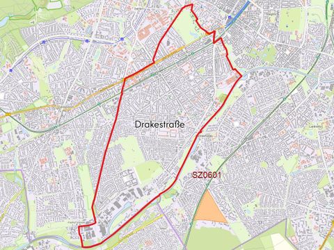 Die Karte bildet die festgelegten Grenzen des Städtebauförderprogramms Sozialer Zusammenhalt und der Quartiersmanagementgebiete in der Bezirksregion Drakestraße ab.