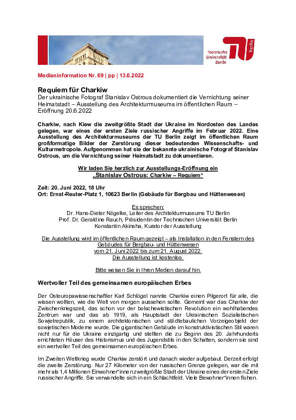 Pressemitteilung der Technischen Universität Berlin vom 13. Juni 2022 zur Fotausstellung "Charkiw-Requiem"