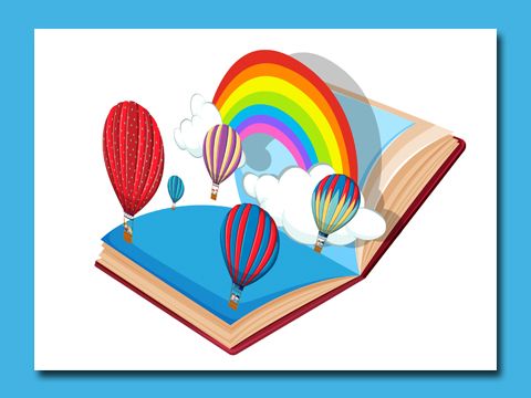 Grafik eines aufgeschlagenen Buches aus dem Ballons aufsteigen