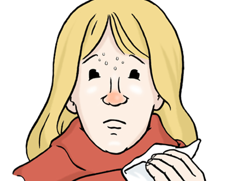 Illustration einer Frau die Fieber hat und krank ist