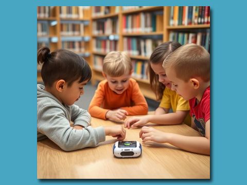 vier Kinder sitzen um einen Tisch mit einem kleinem viereckigen Roboter