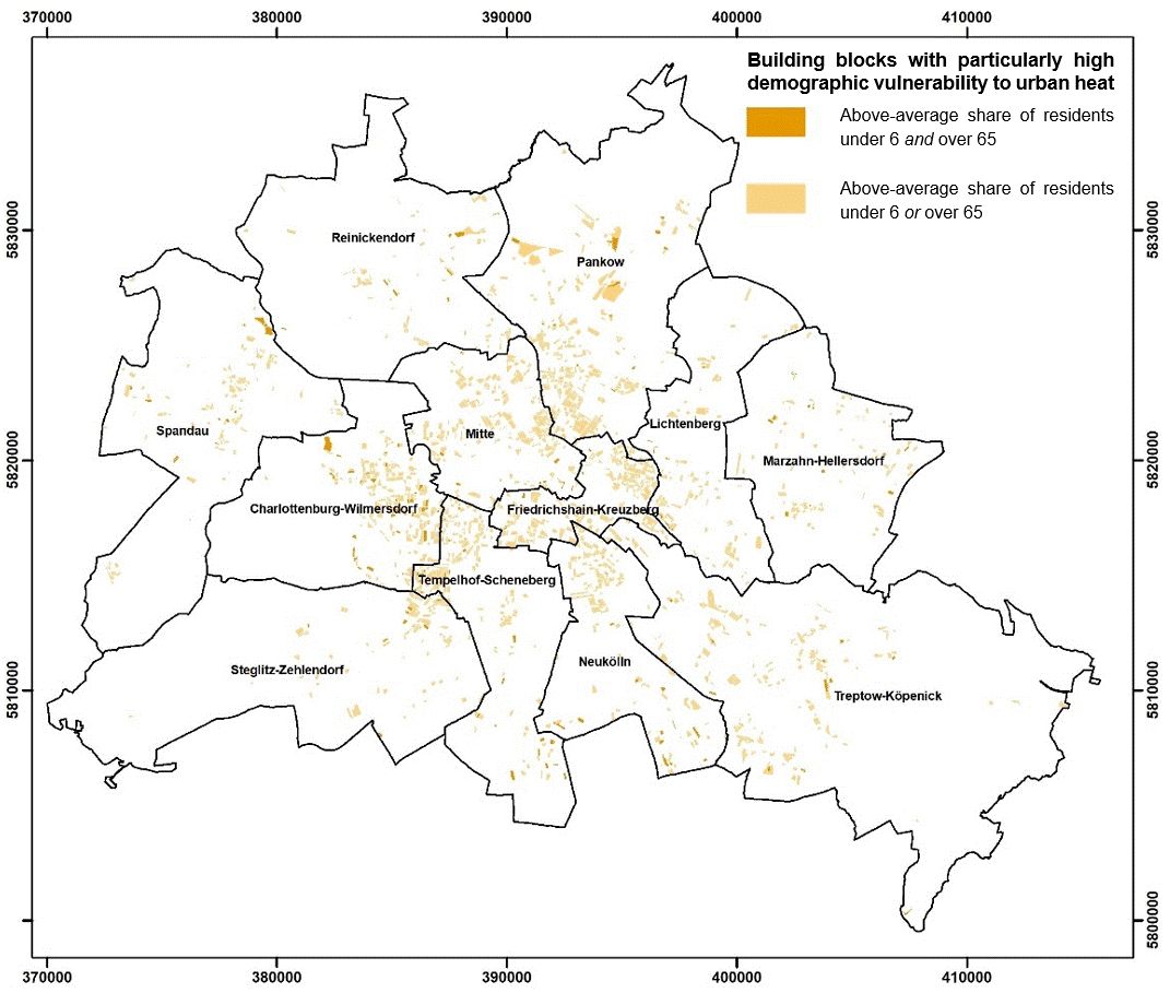 Figure 25: Demographic vulnerability to thermal stress – spatial analysis at the block (segment) level in Berlin