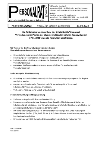 01/2023: Resolution der Teilpersonalversammlung der Schulsekretär*innen und Verwaltungsleiter*innen vom 17.01.2023