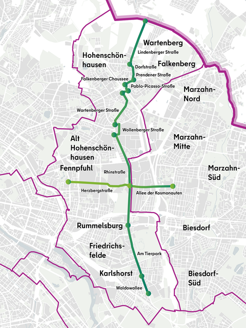 Strecke der Pilotuntersuchung in Lichtenberg (Bild: SenMVKU, Karte: Geoportal Berlin)
